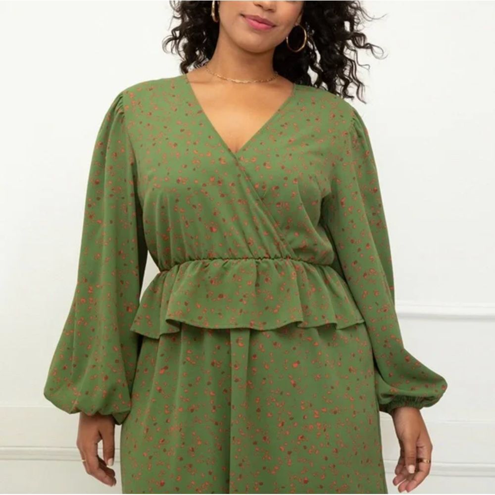 Eloquii Olive Green Long Sleeve Wrap Peplum Dress with Rust Floral Print